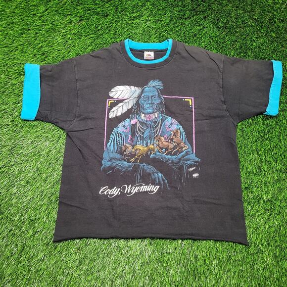 VTG 90s Native American Vaporwave T-Shirt Mens L Single Stitch Cropped Raw Hem - Picture 1 of 10